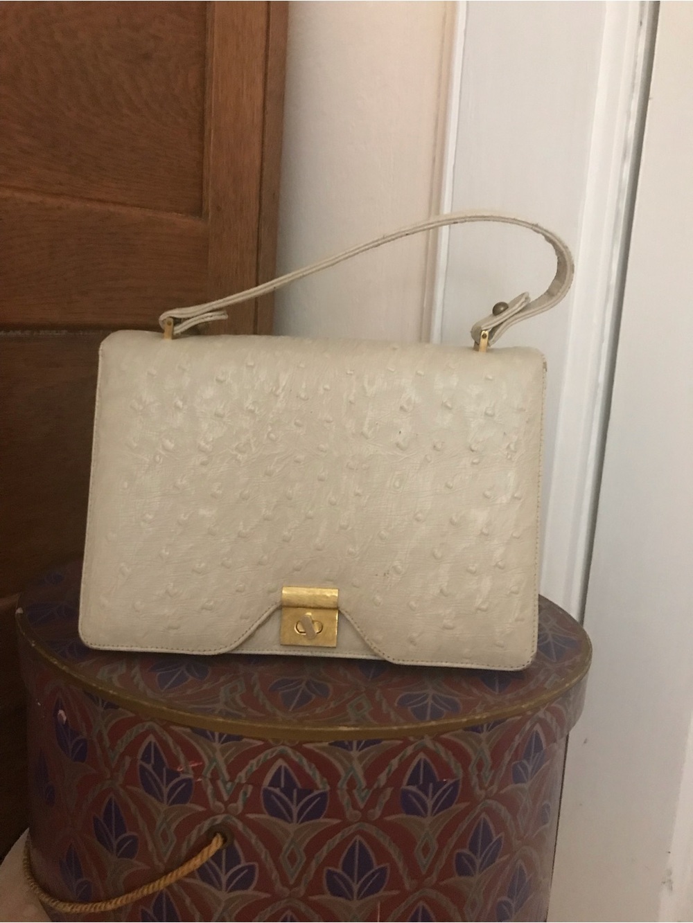 Vintage Cream Ostrich Structured Top-Handle Women's Bag